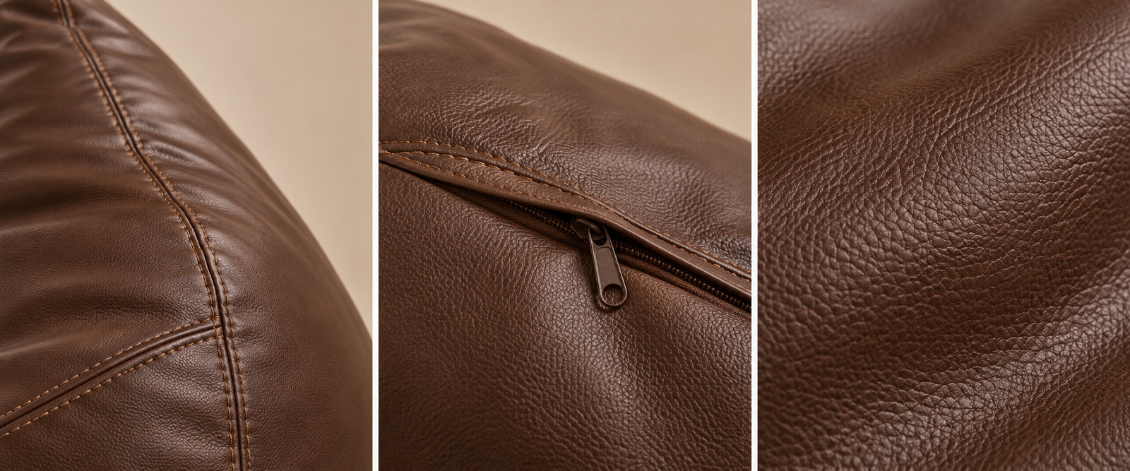 Reinforced stitching, zipper and leatherette texture